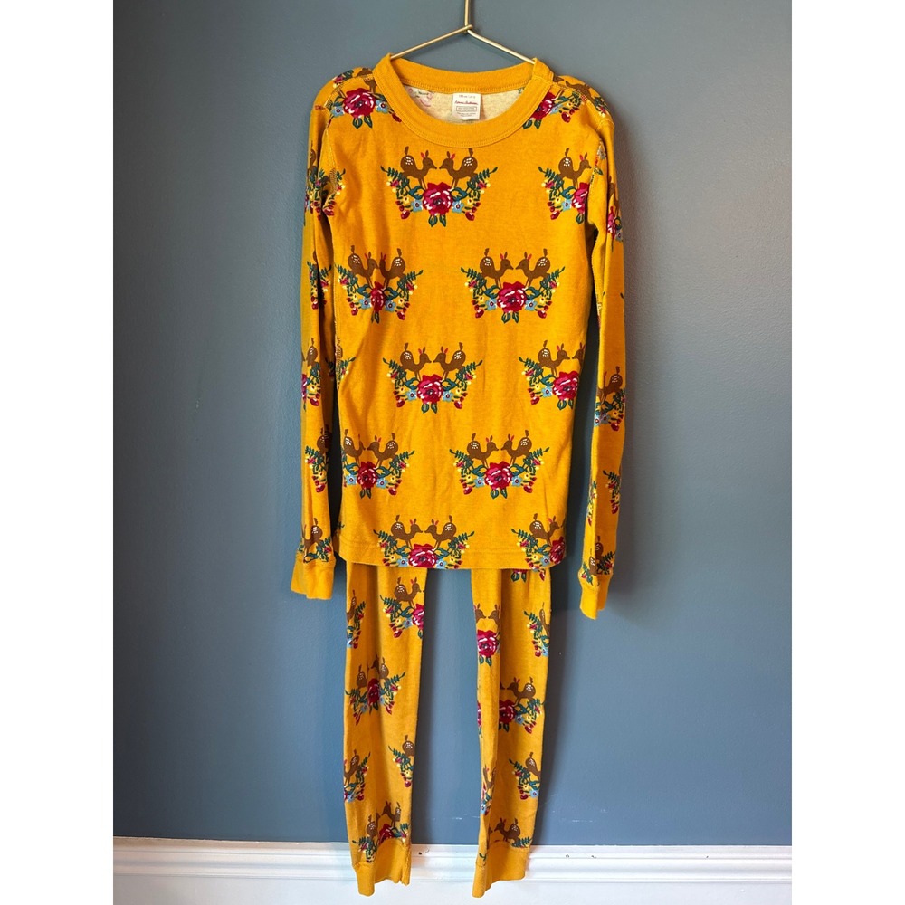 Hanna Andersson Kids Mustard Yellow Deer Floral Organic Cotton Pajama Set US 4